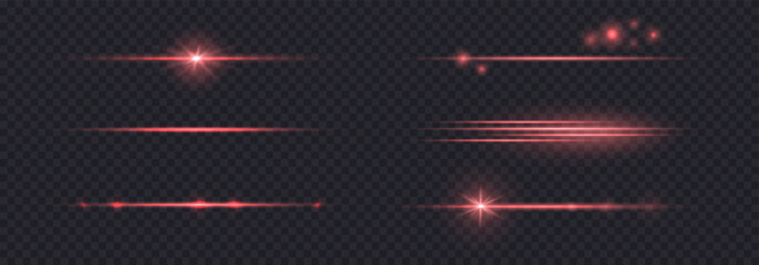 Wall Mural - Light flare lens effect horizontal, red light beam, glow line rays isolated on dark bg. Sparkle laser beam set, vector illustration. Christmas light effect with bokeh and stars.