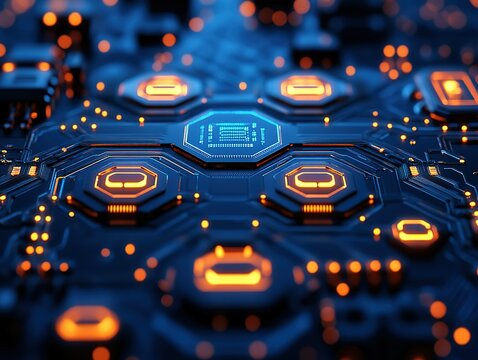 Futuristic Digital Technology Background with Glowing Blue Circuit Board, Cyberpunk Style 3D Render