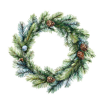 Watercolor Christmas wreath of pine branches high quality realistic image
