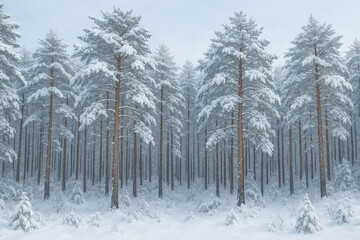 Wall Mural - winter scene of snow-covered pine forest showcasing natural textures