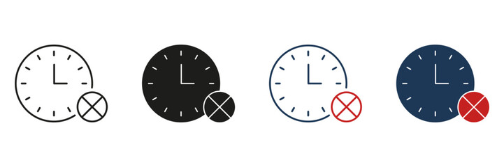 Fototapete - clock with cancel symbol line and solid icon set. time management, deadline missed, and schedule can