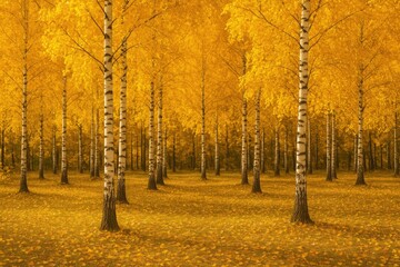 Poster - Autumnal park scene featuring golden birch trees and vibrant yellow foliage in a natural setting