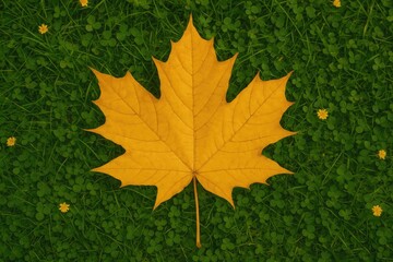 Poster - Golden autumn leaf resting in the grassy field