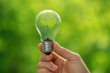 Poster - Person holding a light bulb with a green plant inside representing environmental conservation