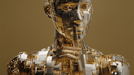 Poster - Golden humanoid robot with intricate circuitry gestures for silence, symbolizing intersection of technology and secrecy. metallic surface reflects light, creating futuristic aura