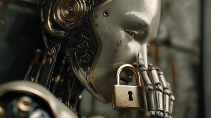Poster - Humanoid robot with lock on its lips symbolizes concept of AI ethics and security, highlighting importance of regulation and encryption in technology