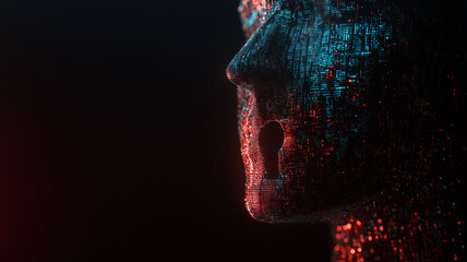 Poster - Digital face composed of glowing red and blue pixels symbolizes intersection of technology and identity, evoking themes of AI and data security