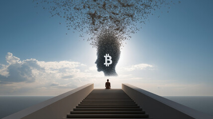 Poster - Person sits at top of staircase, gazing at digital cloud forming human head with cryptocurrency symbol, symbolizing intersection of technology and mental health