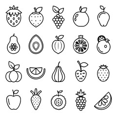 Aufkleber - collection of line art fruit icons apples, strawberries, grapes, and more