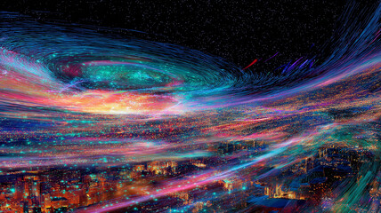 Fototapete - Vibrant, swirling depiction of futuristic cityscape under starry sky, with colorful light trails and cosmic elements creating sense of motion and energy