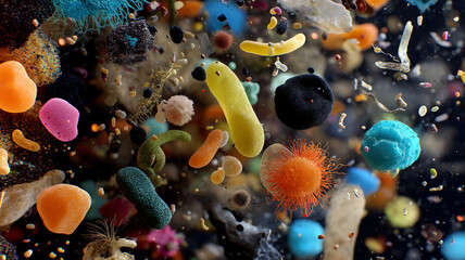 Aufkleber - Colorful array of diverse microbiome organisms and particles float in dark space, showcasing complexity and vibrancy of gut health and microbiome diversity