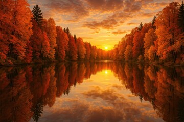 Poster - autumn colors glowing around a serene lake at dusk