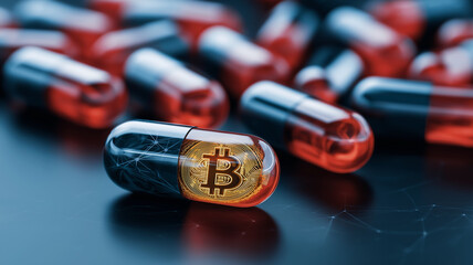 Poster - Collection of futuristic capsules with digital currency symbol, representing concept of blockchain technology in pharmaceuticals. image conveys innovation and modernity