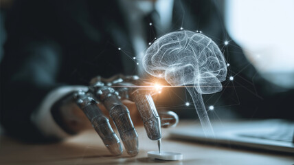Poster - Robotic hand interacts with digital brain hologram, symbolizing integration of AI in creative processes. scene conveys innovation and futuristic technology in business setting