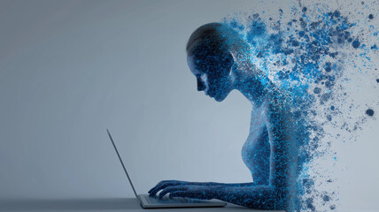 Aufkleber - Digital figure composed of blue particles is depicted working on laptop, symbolizing integration of technology and human creativity. image conveys sense of innovation and futuristic collaboration
