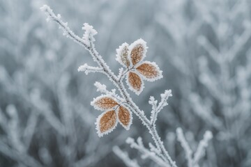 Poster - Detailed view of icy tree limbs and foliage adorned with frost, set against a winter scene with frozen shrubs and trees, featuring a sharp focus and vibrant winter wallpaper.