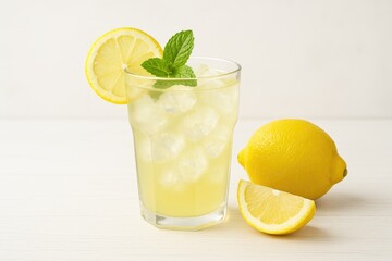Poster - Chilled citrus beverage with ice and lemon slices in a studio setting