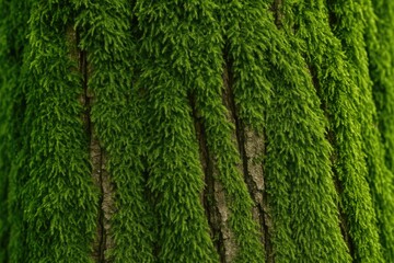 Close-up of tree bark with lush green moss and detailed texture
