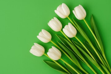 Poster - Delicate white tulips rest elegantly on a lush green surface, representing the arrival of spring