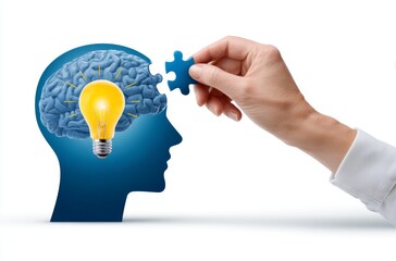 Poster - Conceptual 3D Puzzle Piece Being Placed into the Outline of a Human Brain Representing Ideas and Creativity