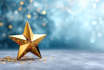 Poster - Golden Star on Blue Bokeh Background with Shimmering Particles and Soft Focus for Festive Themes
