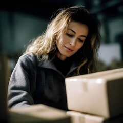 Poster - Woman packing products into sealed cartons in a well lit workplace