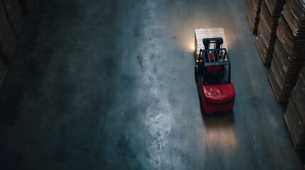 Poster - Forklift navigating warehouse aisle with cargo under dramatic lighting