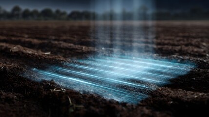 Poster - A futuristic farm management app displayed as a hologram above a soil bed with sharp high  blue lighting