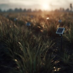 Poster - Precision agriculture field with crop sensors and solar powered devices at dusk