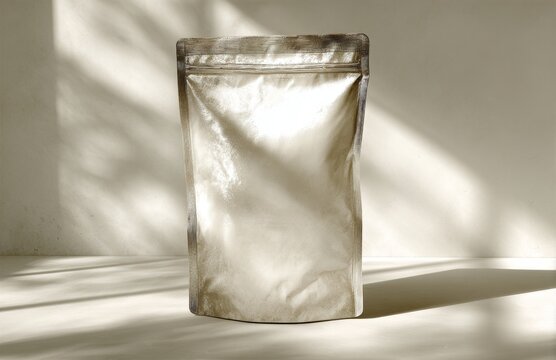 A blank white stand-up pouch mockup template featuring a foil bag with a zip lock is ideal for packaging various products such as food, tea, snacks, protein powder, and pet treats, with a focus on