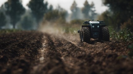 Poster - Remote controlled tractor plows automated rows in a daylight scene