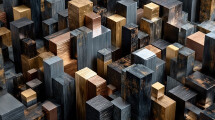 Poster - Metallic block abstract cityscape geometric gold copper gray 3 d render