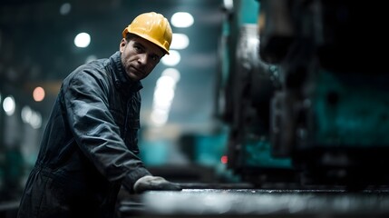 Poster - Factory worker operating large hinery in dimly lit industrial setting