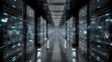 Poster - Glowing network connections in modern data center server room