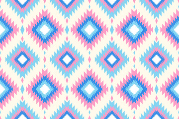 Poster - Geometric diamond pattern with pink blue and white zig zag elements geometric ethnic pattern