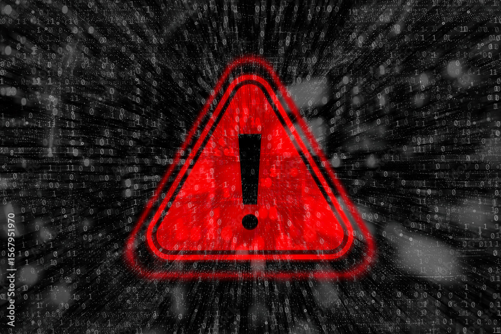 Cybersecurity warning with red warning symbol with binary code. Concept ...