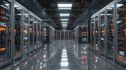 Poster - Modern data center server racks network technology data storage it infrastructure