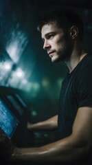 Poster - A man operating a touch panel on a robotic station with high contrast lighting and sharp focus