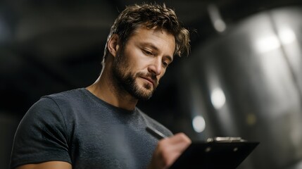Poster - A man writing notes beside production equipment