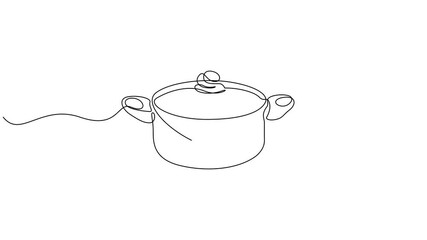Poster - Self drawing animation one continuous line draw big pan Single one line drawing, Self drawing line animation frying pan with fire continuous line drawn concept video