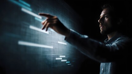 Poster - An engineer reviews a timeline Gantt chart as a floating digital UI  long title An engineer analyzes a detailed timeline Gantt chart displayed as a