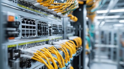 Poster - Fiber optic cables connected to network switch in server room