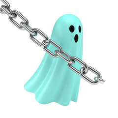 Poster - 3D Mint Ghost Icon with Metal Chain Link Floating on Transparent Background