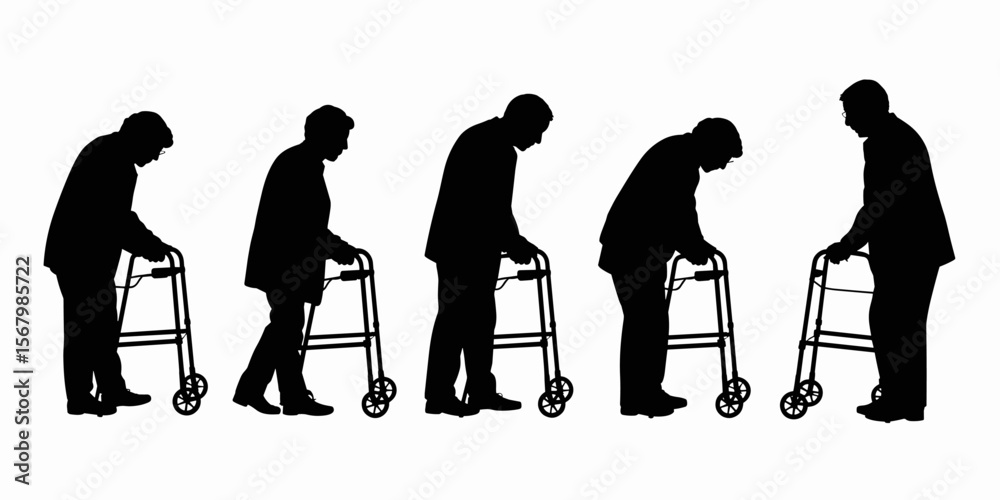 Silhouette of Five Senior Men Using Walkers for Mobility Assistance ...