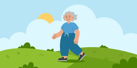 Wall Mural - Senior woman walking outdoors in nature, active lifestyle, elderly exercise, healthy, one person