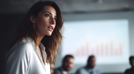 Poster - Businesswoman presenting investment data in a boardroom setting