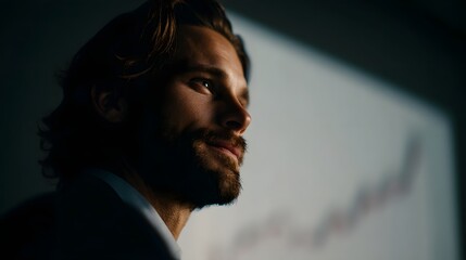 Poster - A focused CEO reviewing a revenue curve on a screen in a dimly lit office