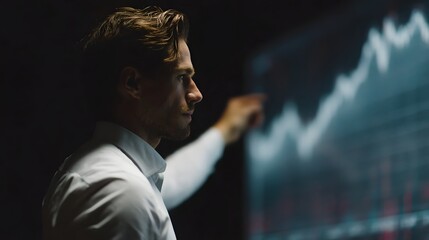 Poster - CEO reviewing yearly revenue curve on a high tech digital display