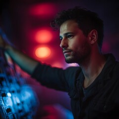 Poster - Engineer activating a high tech control panel with virtual buttons in a neon lit environment