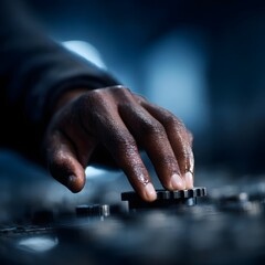 Poster - An engineer s hand adjusting gear settings on a floating control screen  long title A close up view of an engineer s hand delicately adjusting the